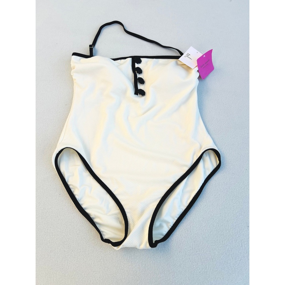 Kate Spade Ivory‎ Black Trim Textured One Piece Swimsuit S77363 XL NEW